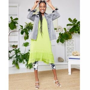 LOGO Lori Goldstein Neon Green Sleeveless Maxi Dress Lace Hem Large Petite